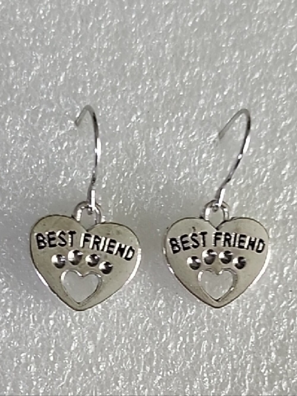 Hand Crafted Silver "Best Friend" Heart Paw Dangle Earrings